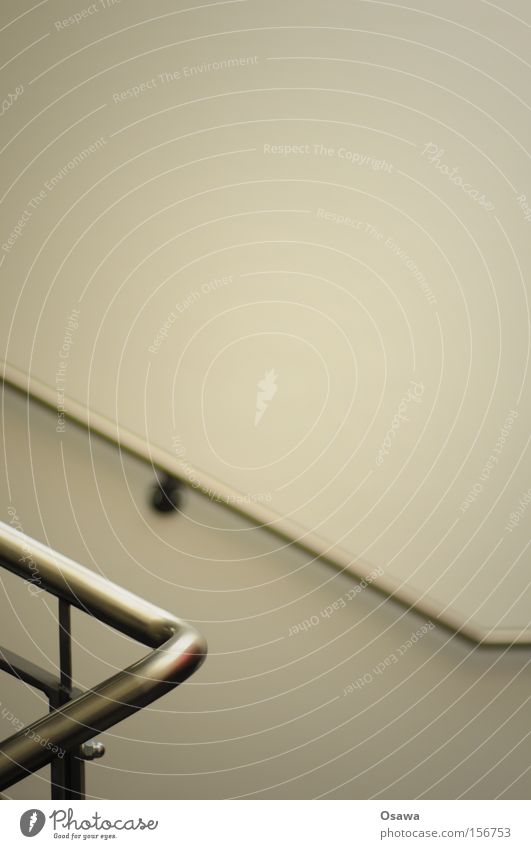 > Handrail Banister Stairs Wall (building) Steel High-grade steel Silver White Gray Empty Unadorned Simple Wallpaper Depth of field Detail copyspace