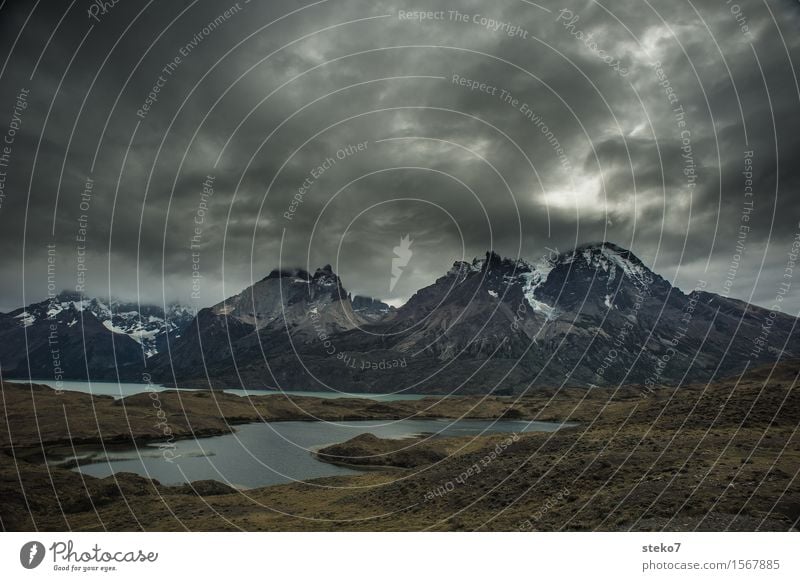 Torres del Paine Clouds Bad weather Mountain Peak Lakeside Dangerous Threat Torres del Paine NP Change in the weather Dark Dark clouds Copy Space top