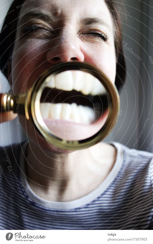 :-)) Lifestyle Joy Woman Adults Face Teeth 1 Human being 30 - 45 years Magnifying glass Laughter Funny Near Crazy Emotions Happiness Whimsical Enlarged Grimace