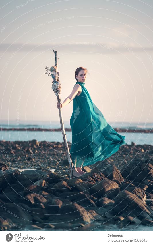 sea glimmer Human being Feminine Woman Adults 1 Environment Nature Sky Clouds Horizon Sunrise Sunset Waves coast Ocean Dress naturally Wind Colour photo