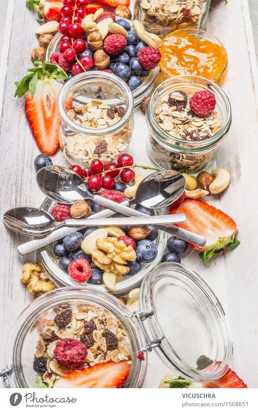 Ingredients for a healthy breakfast Food Fruit Grain Dessert Nutrition Breakfast Juice Crockery Glass Cutlery Spoon Lifestyle Style Healthy Healthy Eating