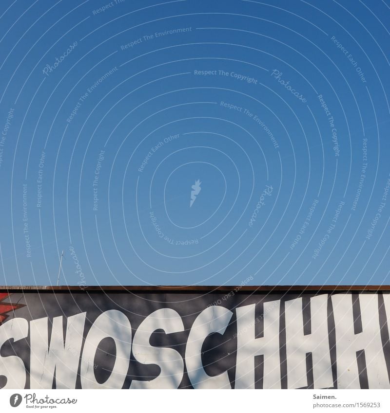 swoschhhhhhhhhhhhh... Sky Cloudless sky Beautiful weather Wall (barrier) Wall (building) Facade Blue Characters Letters (alphabet) Basketball Colour photo