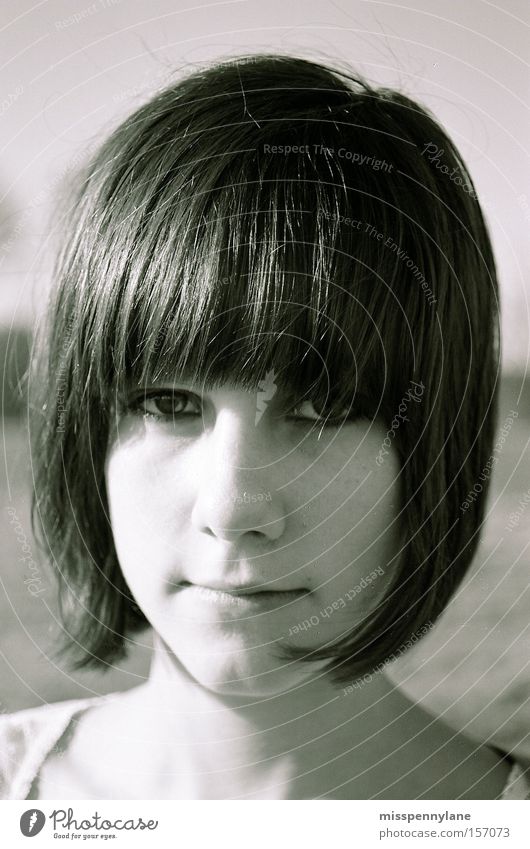 portrait Bangs Face Field Freedom Hair and hairstyles Eyes Trust Black & white photo Bobsleigh little sister