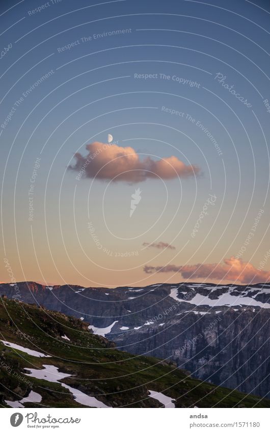 Sunset with moon in the mountains Moon moonlight Dusk Twilight Sky Night Evening Mountain Peak Snow cloud Clouds floodlit clouds Nature Landscape Deserted