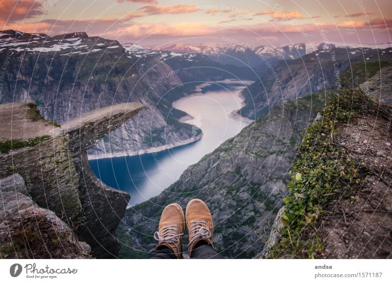 Sunrise at Trolltunga Hiking Nature Animal Sky Clouds Horizon Sunset Sunlight Spring Summer Autumn Beautiful weather Grass Bushes Moss Hill Rock Mountain Peak