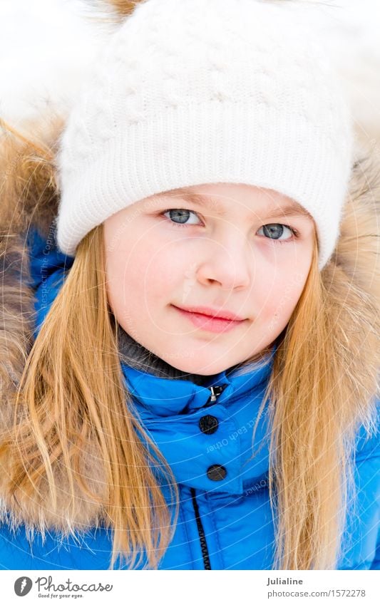 Cute girl with blue eyes in white hat Winter Child Girl Infancy 8 - 13 years Autumn Hat Blonde White kid five six 7 eight preschooler fall Caucasian European