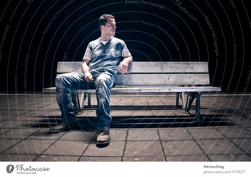 night scene Bench Night Scene Cold Dark Human being Character Blue Loneliness Wait Light Concrete Sit Boredom Train station db