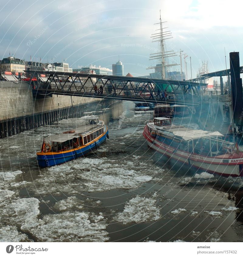 harbour tour Hamburg Port of Hamburg Landungsbrücken Launch Ice floe Winter Chaos Fog Watercraft Bridge Blue sky Human being Wall (barrier) Exterior shot