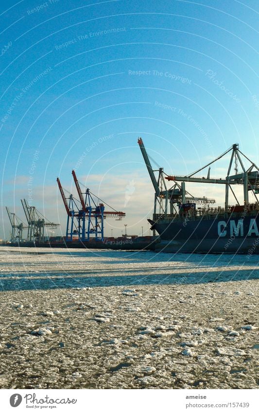 Port of Hamburg [pt. 2] Elbe Dockside crane Watercraft Ice Ice floe Shadow Docker Winter Blue sky Cold Clouds Snow Harbour Industry Harbour tour