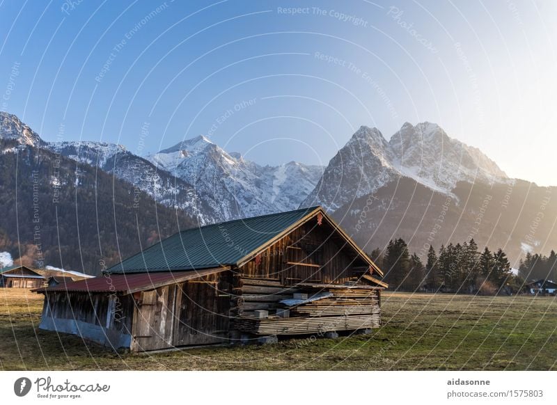 barn in the alps Landscape Sunrise Sunset Spring Beautiful weather Alps Mountain Contentment Attentive Caution Serene Calm Barn Grainau Bavaria Germany