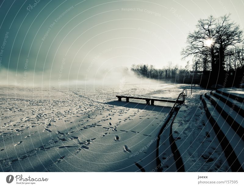 change of mood Fear Ground fog Ice Frozen surface Cold Landscape Light Fog Shadow Lake Sun Footbridge Winter Clouds Snow