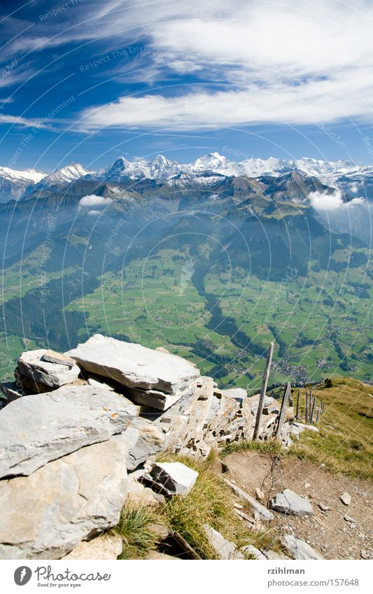 Mountain range with Eiger, Mönch and Jungfrau Mountain ridge Sky Landscape Monk (mountain) Oberland Switzerland Stone Far-off places Green Hiking Blue