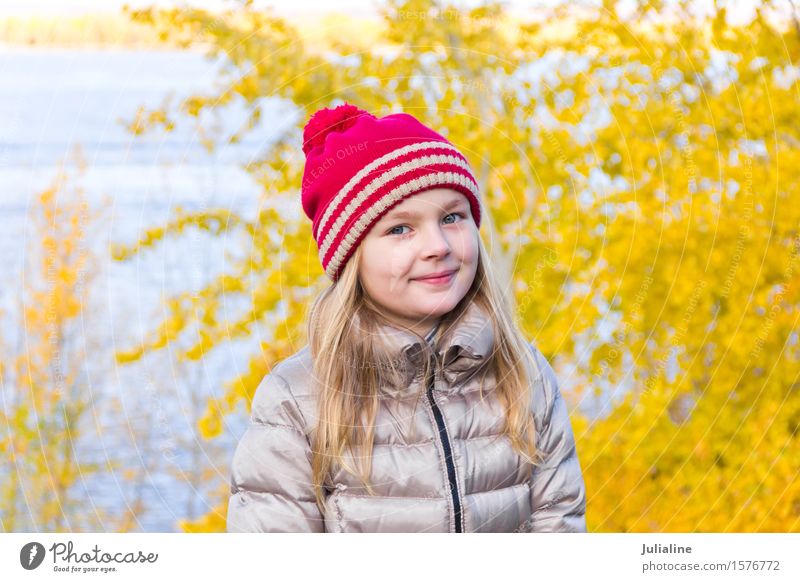 Beautiful girl in red hat Summer Child Girl Infancy 8 - 13 years Autumn Blonde Cute White kid five six 7 eight preschooler fall Caucasian European Expression