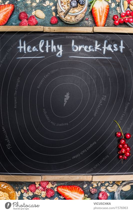 Inscription Healthy breakfast on empty black board Food Fruit Grain Dessert Jam Nutrition Breakfast Organic produce Vegetarian diet Diet Glass Spoon Design