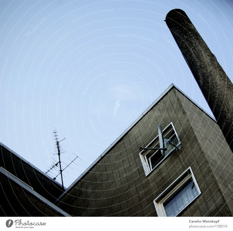 Cologne graphic. Chimney Electricity pylon House (Residential Structure) Prefab construction Antenna Satellite dish Window Drape Curtain Sky Blue Line Graphic