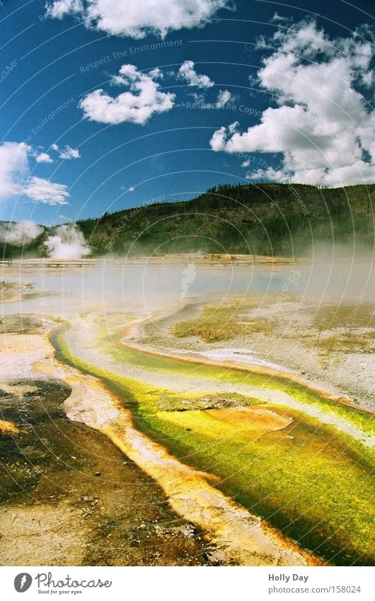 I see colorful pictures Hot Geyser Explosion National Park Steam Clouds Drainage Lake Multicoloured Volcano USA Summer Yellowstone Nationalparc Colour Smoke