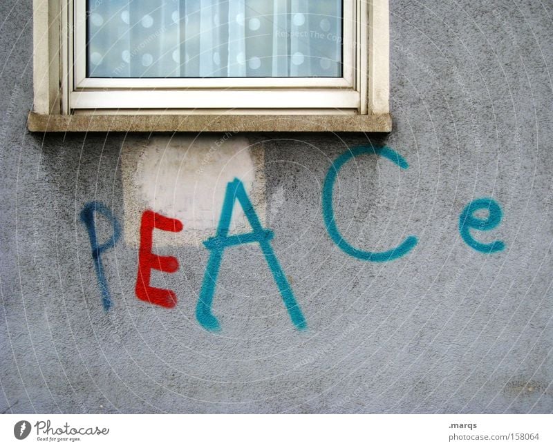 P E A C e Colour photo Exterior shot Long shot Style Harmonious Facade Window Characters Graffiti Free Multicoloured Tolerant Wisdom Contentment Peace War