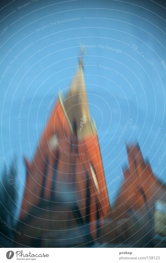 The bell ringer's drunk. Church Church spire Tower Holy Blur Distorted Reflection Bell tower Sky Beautiful Beautiful weather Cloudless sky Blue Baroque Brick