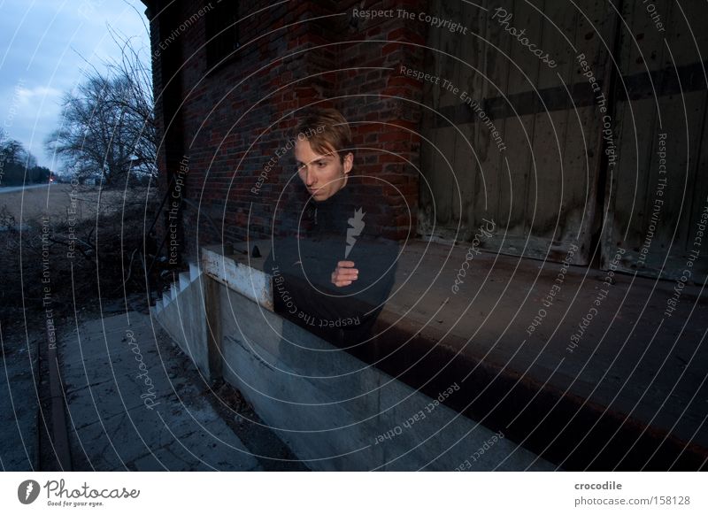 frustration Train station Warehouse Self portrait Loneliness Boredom Door Jeans Denim Man Going Stairs Lean Frustration Exasperated Anger Aggravation Transience