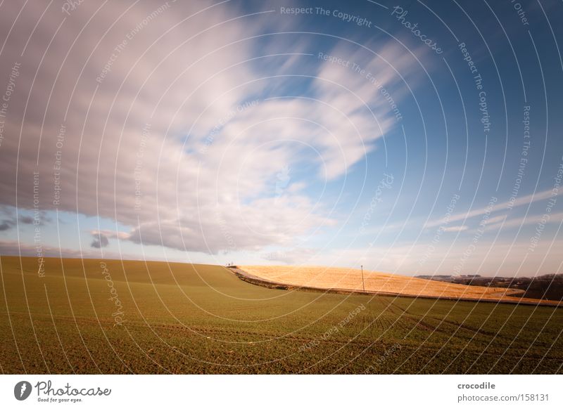 Fields lV Agriculture Sowing Ecological Electricity pylon Furrow Street Long exposure Blue Green Plant Beautiful