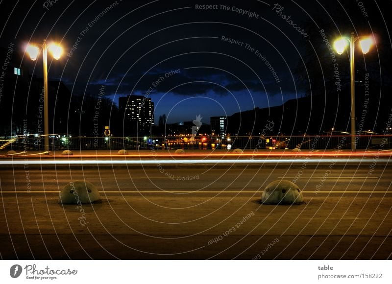 Big city light Night Town Berlin Spree Light Lantern Street Bridge Lamp High-rise Sky Motor vehicle Dark Cold Blue Long exposure Architecture