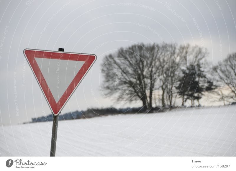 Attention, winter! Winter Snow Signs and labeling Signage Warning sign Cold Gray Red Black White Road sign Snowscape Pampa Triangle Yield sign Warning label