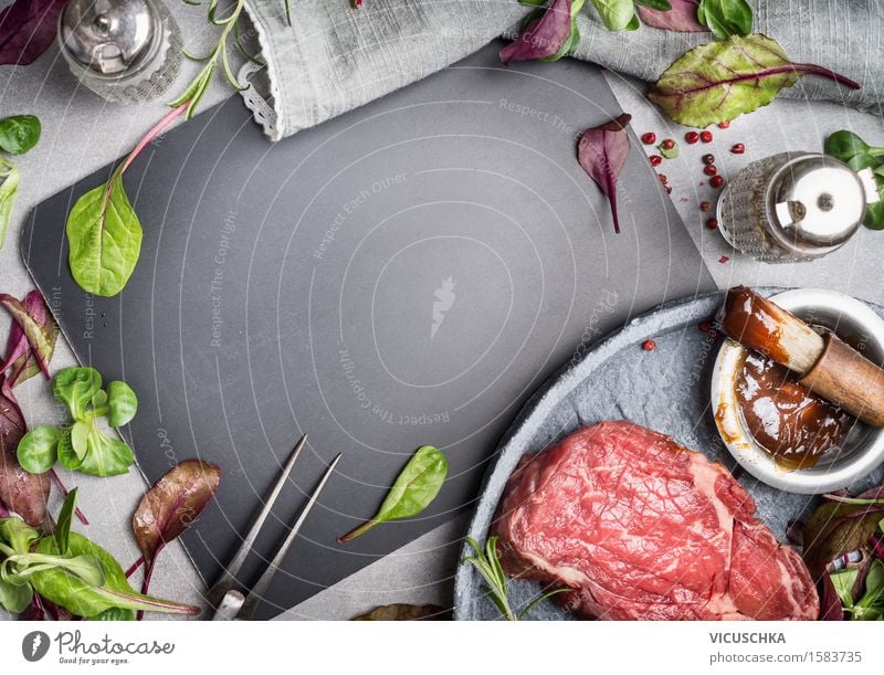 Grill steak ingredients around empty table. Food Meat Vegetable Lettuce Salad Herbs and spices Cooking oil Nutrition Lunch Dinner Buffet Brunch Banquet Picnic