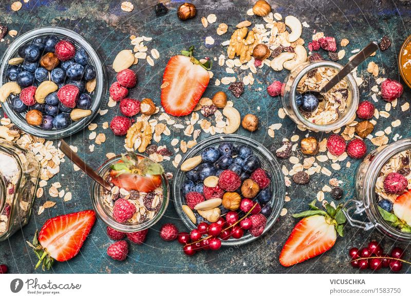 Healthy Breakfast Ingredients Food Fruit Grain Dessert Nutrition Organic produce Vegetarian diet Diet Glass Spoon Lifestyle Style Healthy Eating Summer