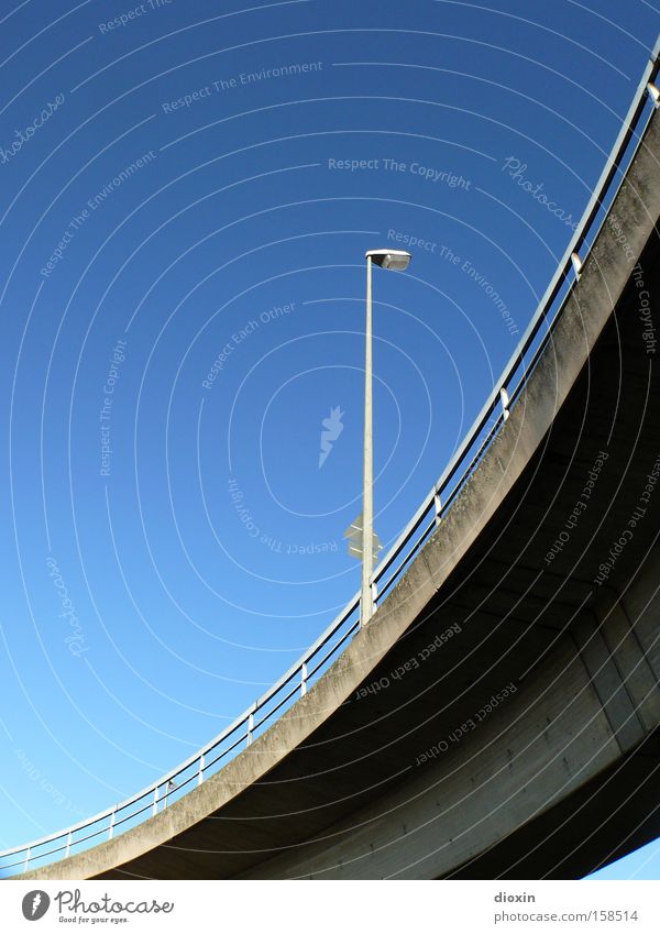 less than two Street lighting Lamp Handrail Bridge railing Overpass Blue Sky Beautiful weather Cloudless sky Curve Curved Concrete Traffic infrastructure