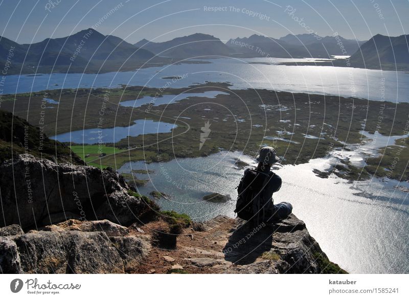 Lofoten prospect Hiking Masculine Man Adults 1 Human being 18 - 30 years Youth (Young adults) Nature Water Summer Rock Mountain Coast Lofotes Norway Observe