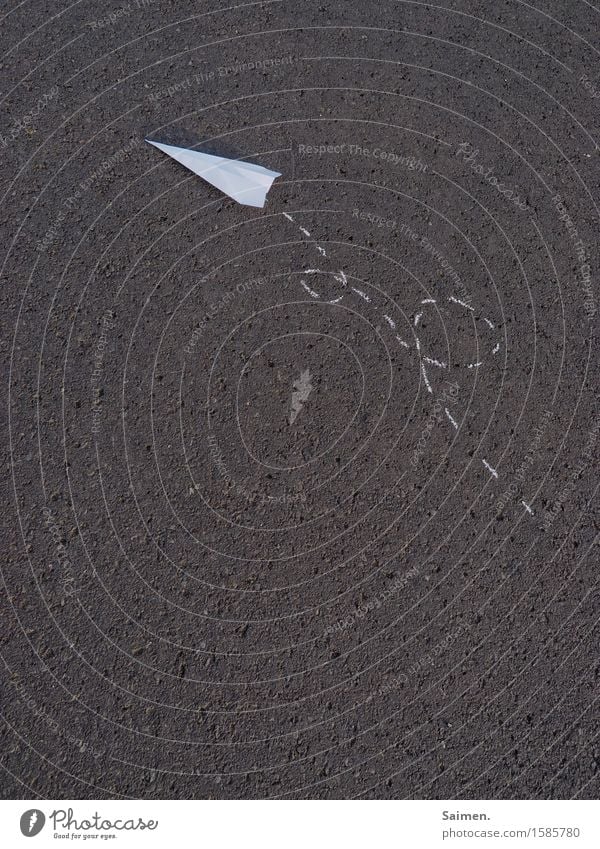 aerobatics Street Flying Paper plane Origami Asphalt Chalk Painted Subdued colour Exterior shot Deserted Copy Space left Copy Space right Copy Space top