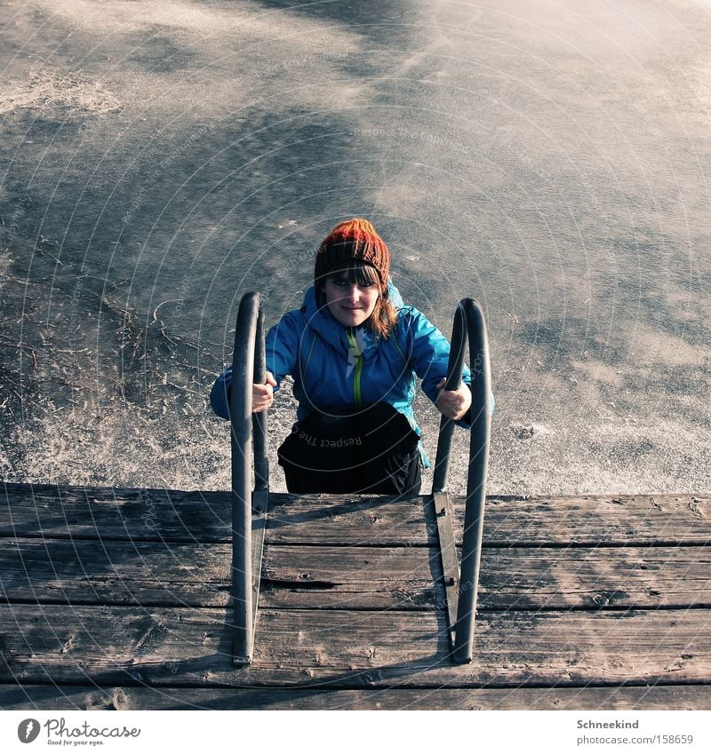 Who's coming for a swim? Lake Summer Winter Swimming & Bathing Swimming pool Ice Woman Girl Beautiful Cap Cold Frozen Footbridge Ladder Joy