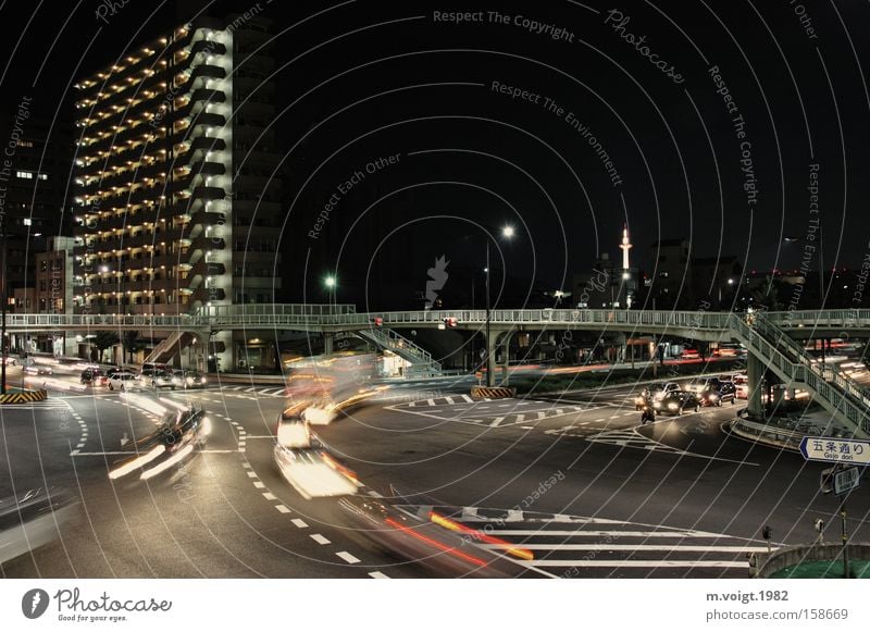 Kyoto City Lights Night Transport Crossroads Japan Asia Motor vehicle Movement Town Driving Street High-rise Pedestrian crossing Pedestrian bridge