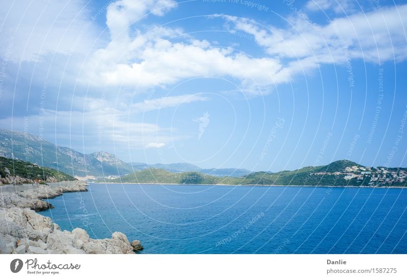 Kas Peninsula across Aegean Sea Inlet in Summer Vacation & Travel Ocean Clouds Rock Building Street Blue 16:9 the Aegean D400 Turkey attractions Blue sky inlet