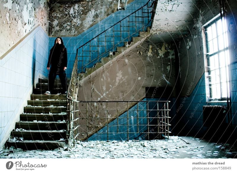 QUIET TRICKLE Man Stand Solidify Calm Tile Blue Window Mystic Old Derelict Chaos Interior design Transience Rain stairwell blurred