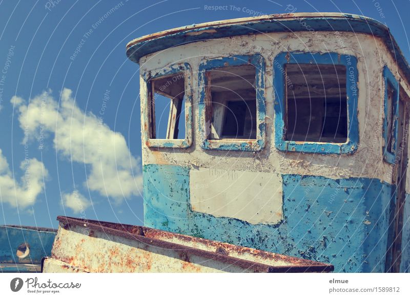 Cloudy Vacation & Travel Sky Clouds Beautiful weather Fishing boat Motor barge Derelict barge for apples Lie Historic Broken Maritime Original Blue Thrifty