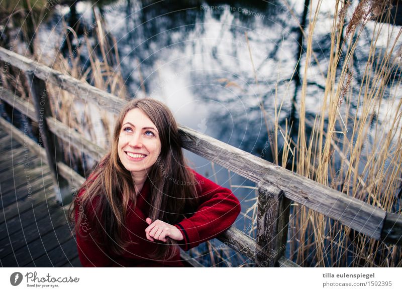 . Contentment Winter Feminine Young woman Youth (Young adults) Woman Adults 1 Human being 18 - 30 years Environment Nature Autumn Grass Bushes Park Lakeside