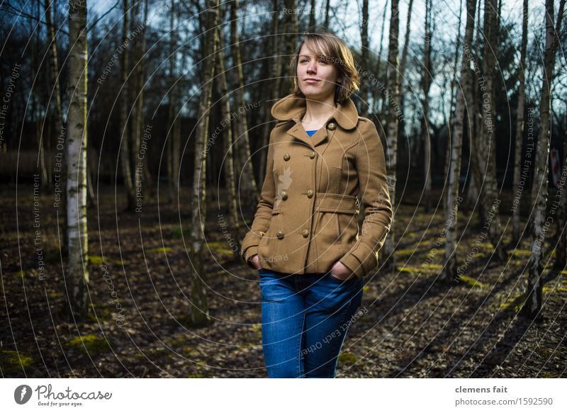 In the birch grove II Young woman Girl Clothing Fashion Posture Brown Jacket Back-light Birch tree Clump of trees Forest Park Jeans Flash photo Afternoon