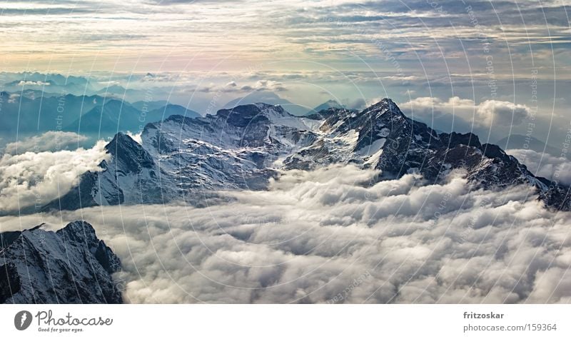 Between heaven and earth Zugspitze Mountain Insbruck Clouds sea of clouds Snow Peak Shift work Dramatic Weather Carpet Cable car Cloud field Cloud cover