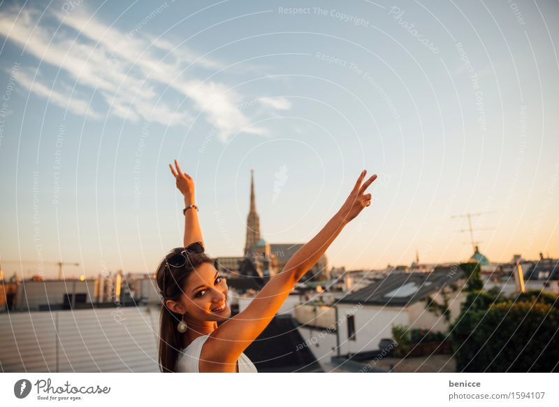 Vienna calling Luxury Joy Summer Success Human being Woman Adults Hand Capital city Downtown Dome Tourist Attraction Tall Above Rich Dusk Austria Roof terrace