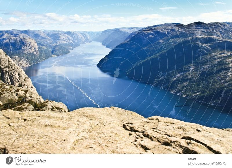 View from Preikestolen Fjord Lysefjord Ocean Norway Scandinavia Calm Mountain Loneliness Blue Coast Slope Rock Gravel Water Free Freedom Clouds Sky Nature