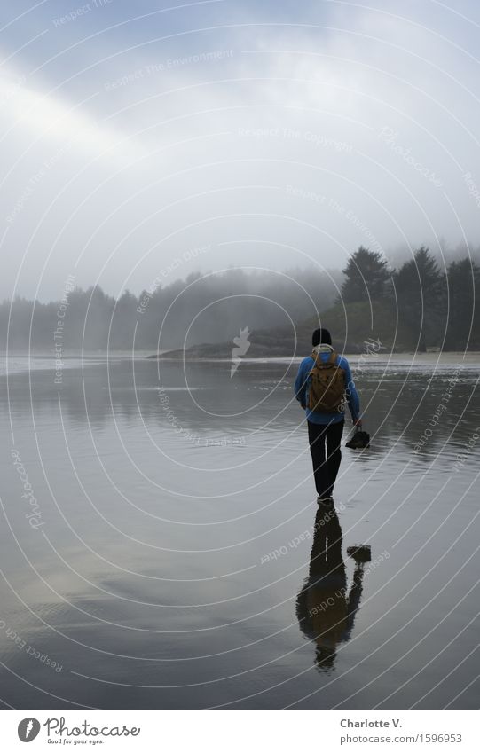 mirror walk Hiking Human being Masculine Man Adults 1 Hiking boots Going Carrying Wet Blue Gray Turquoise White Calm Adventure Movement Loneliness Resolve