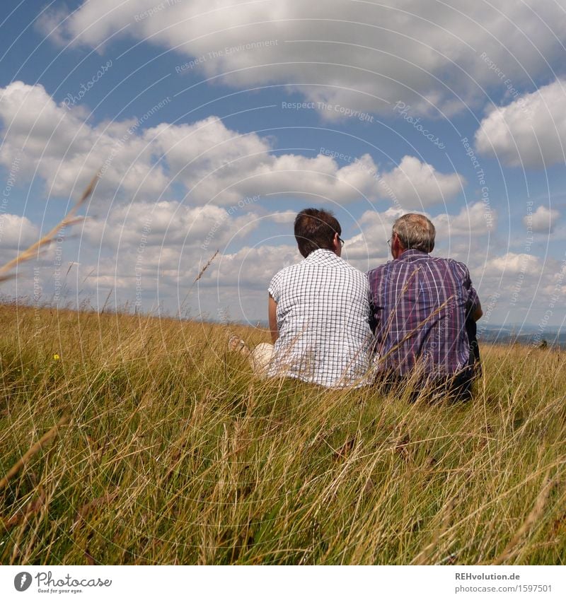 Couple sitting on a mountain with wide horizon Female senior Woman Male senior Man Grandfather Grandmother Partner Senior citizen 2 Human being