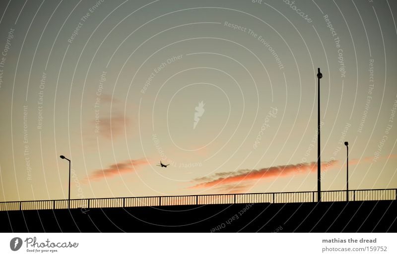 up and away Sky Twilight Sunset Beautiful Esthetic Idyll Nature Lantern Fence Silhouette Black Clouds Pink Airplane Vacation & Travel Joy Aviation