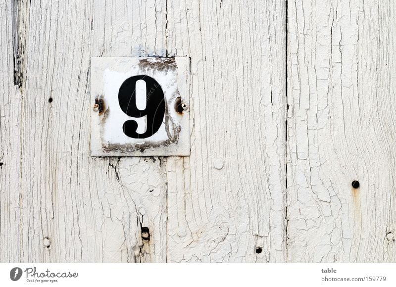 No.9 Digits and numbers House number Door Entrance Signs and labeling Signage Wooden door Old Weathered Metalware White Black Craft (trade) Detail enamelled