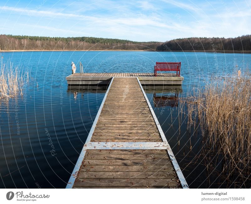 Boat landing stage with red bench Relaxation Calm Summer Nature Water Sky Spring Lakeside jetty Wood Perspective Symmetry Vacation & Travel rest Bench