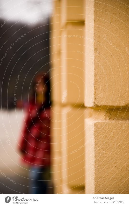 At the corner House (Residential Structure) Wall (building) Blur Depth of field Jacket Red Woman Hide Stone Wall (barrier) Corner look forward