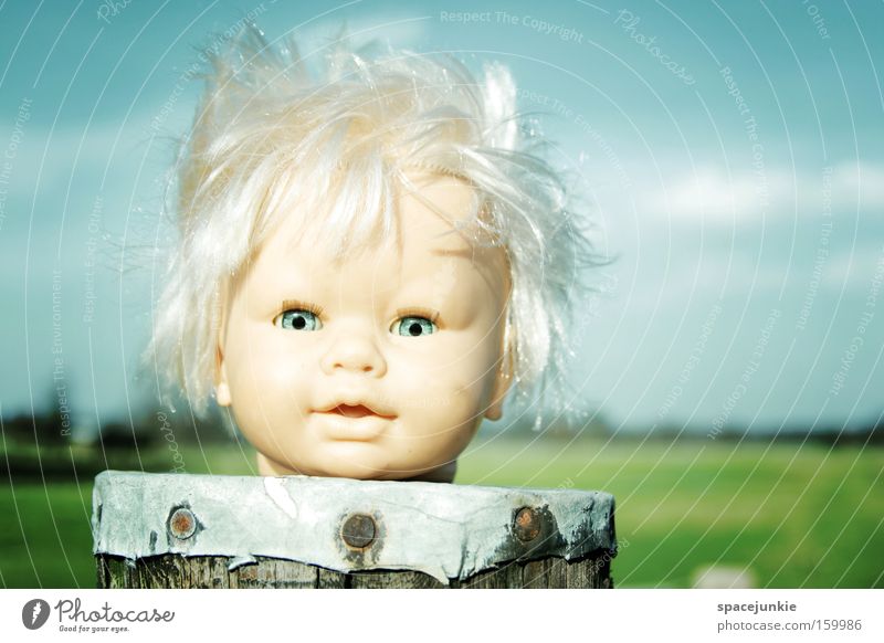 Stormy day Gale Wind Landscape Sky Clouds Whimsical Headless Loneliness Joy Doll Hair and hairstyles Pole Electricity pylon