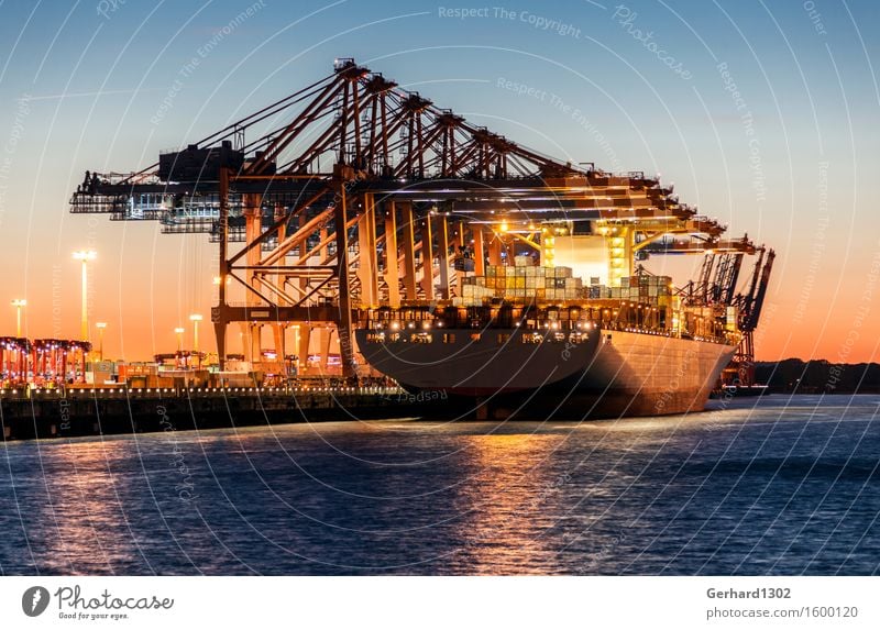 Container ship at dusk in the Port of Hamburg Port City Tourist Attraction Means of transport Logistics Navigation Harbour Trade Precision Moody