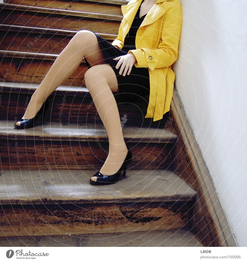 Waiting for spring weather High heels Yellow Staircase (Hallway) Stairs Trench coat Coat Woman Black Lascivious peeptoes Ladder gaudy color Legs